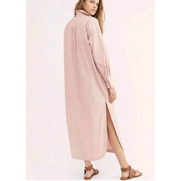 Free people Eva long pink shirt dress XS Oversized, pockets, deep v